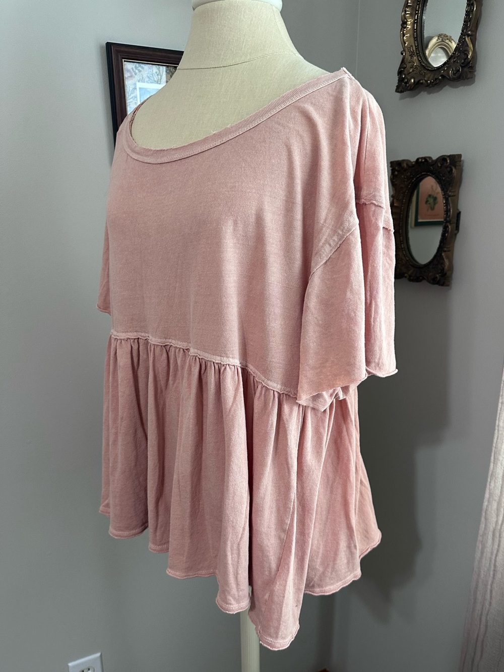 Free People We The Free Blush Pink Oversized Distressed Babydoll Tee - Picture 2 of 5